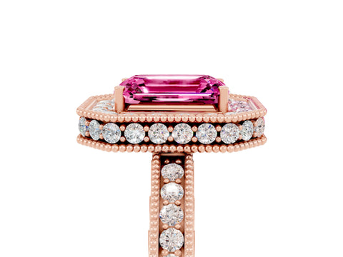 Rose gold Emerald Cut Halo Diamond Engagement Ring with Milgrain Pave Band and Four-Prong Setting_5