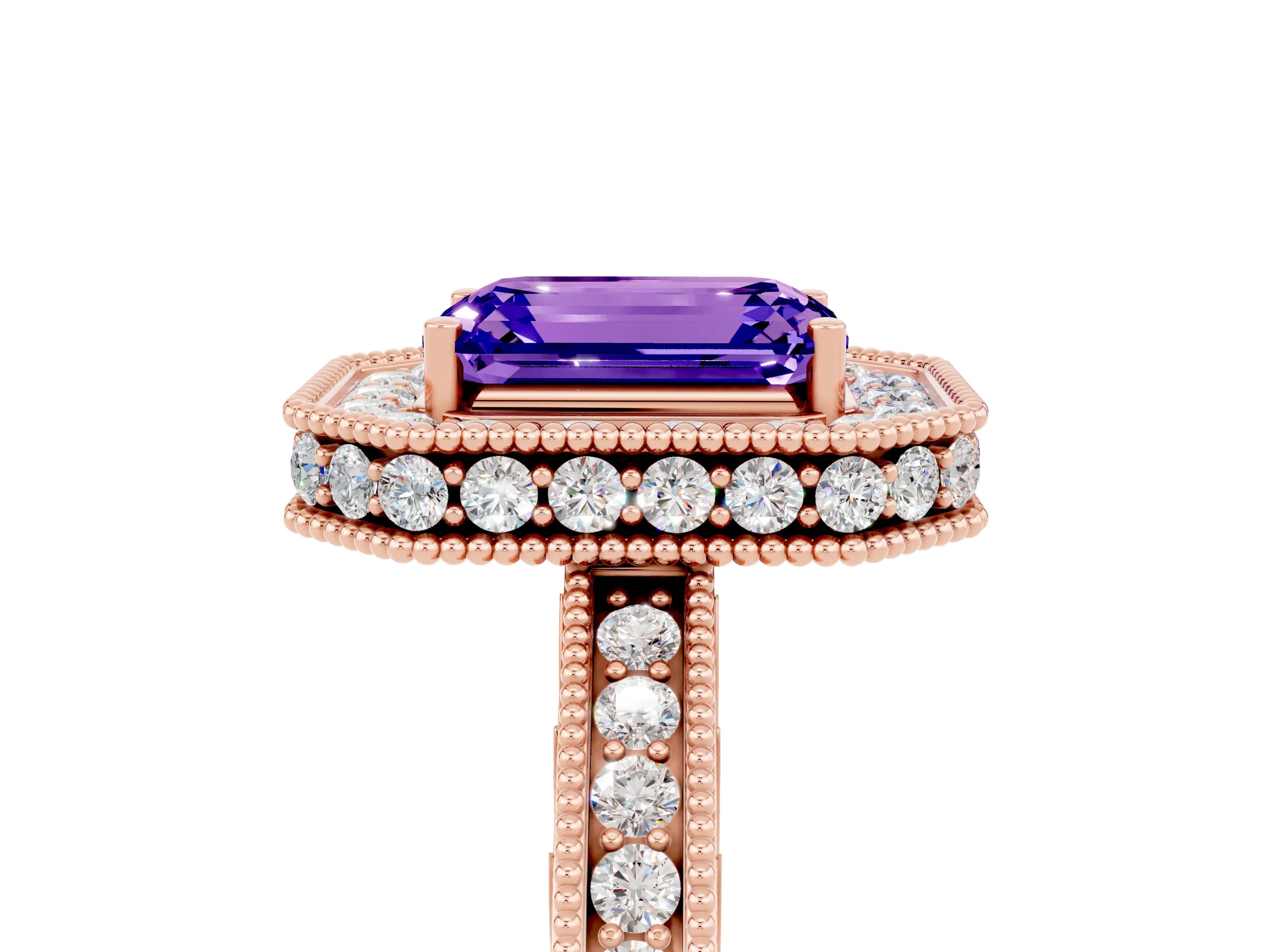 Rose gold Emerald Cut Halo Diamond Engagement Ring with Milgrain Pave Band and Four-Prong Setting_5