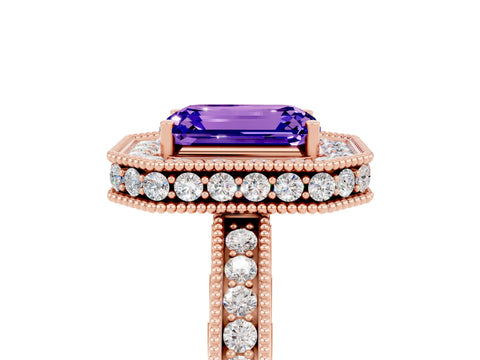 Rose gold Emerald Cut Halo Diamond Engagement Ring with Milgrain Pave Band and Four-Prong Setting_5