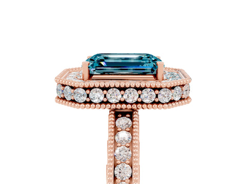 Rose gold Emerald Cut Halo Diamond Engagement Ring with Milgrain Pave Band and Four-Prong Setting_5