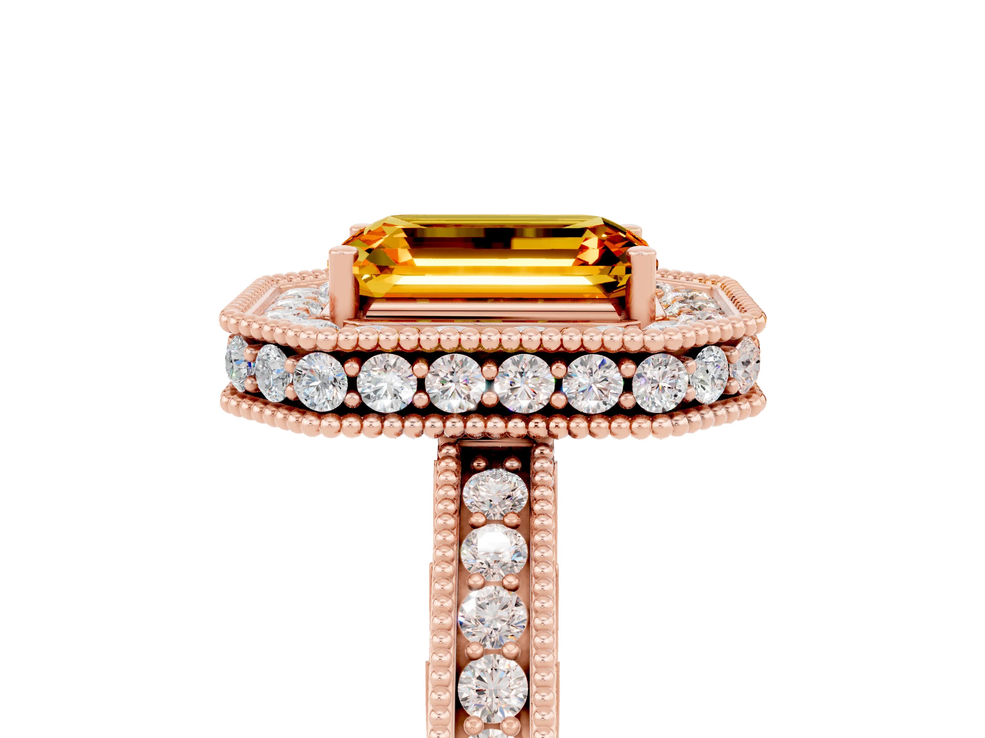 Rose gold Emerald Cut Halo Diamond Engagement Ring with Milgrain Pave Band and Four-Prong Setting_5