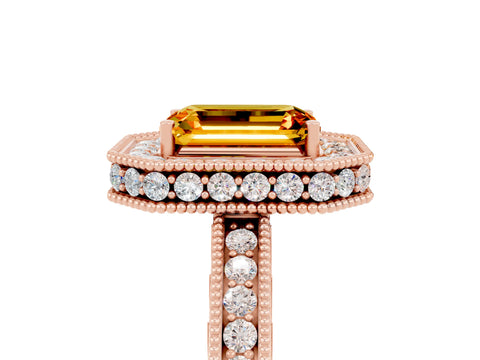 Rose gold Emerald Cut Halo Diamond Engagement Ring with Milgrain Pave Band and Four-Prong Setting_5