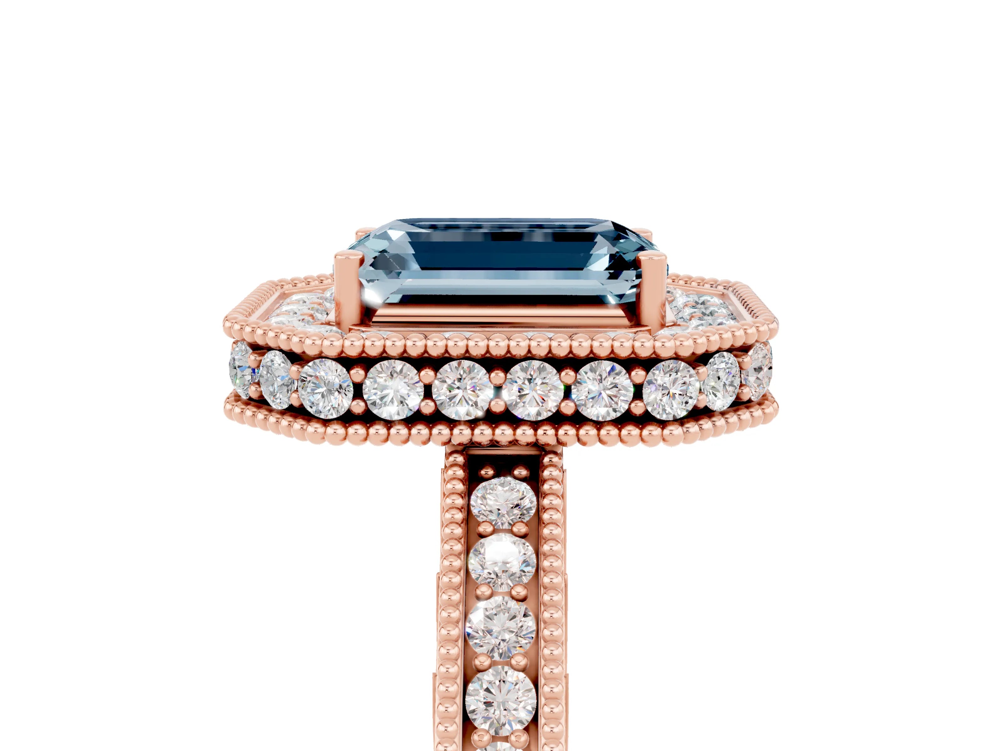 Rose gold Emerald Cut Halo Diamond Engagement Ring with Milgrain Pave Band and Four-Prong Setting_5