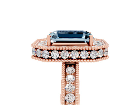 Rose gold Emerald Cut Halo Diamond Engagement Ring with Milgrain Pave Band and Four-Prong Setting_5