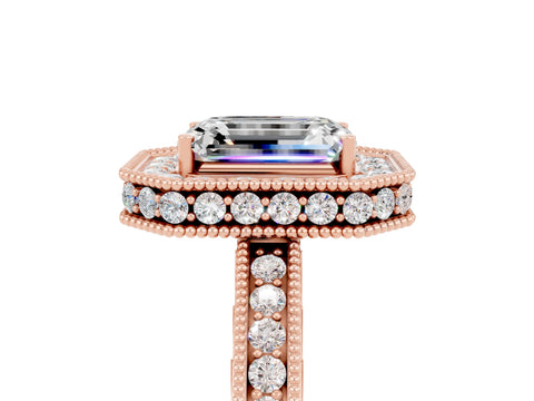 Rose gold Emerald Cut Halo Diamond Engagement Ring with Milgrain Pave Band and Four-Prong Setting_5