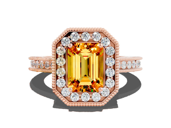 Rose gold Emerald Cut Halo Diamond Engagement Ring with Milgrain Pave Band and Four-Prong Setting