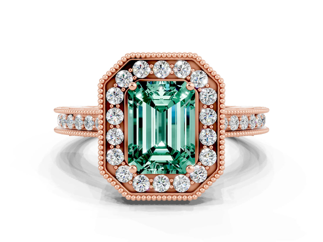 Rose gold Emerald Cut Halo Diamond Engagement Ring with Milgrain Pave Band and Four-Prong Setting