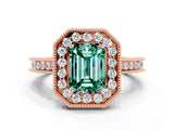 Rose gold Emerald Cut Halo Diamond Engagement Ring with Milgrain Pave Band and Four-Prong Setting