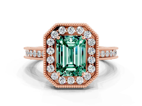 Rose gold Emerald Cut Halo Diamond Engagement Ring with Milgrain Pave Band and Four-Prong Setting