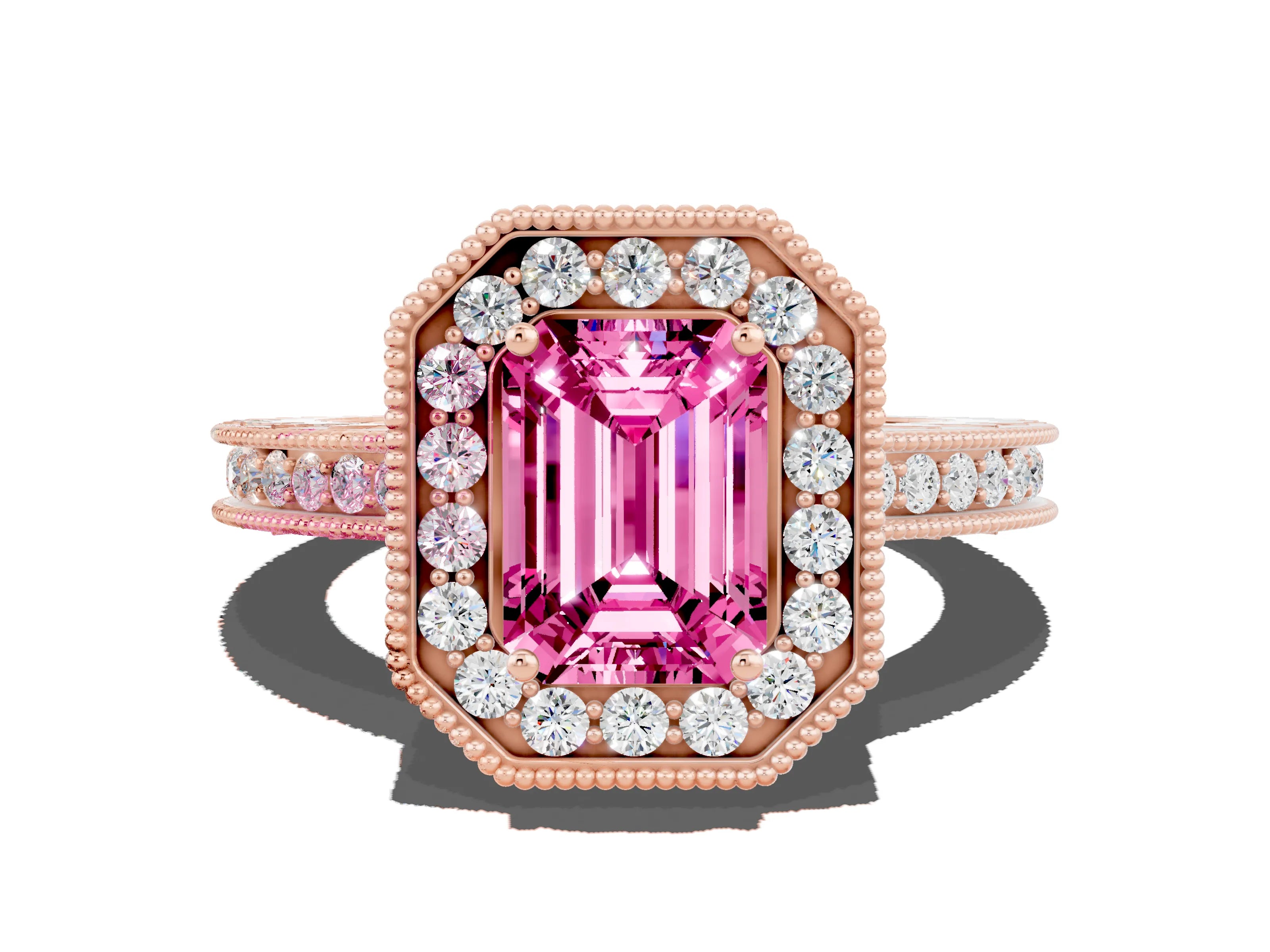 Rose gold Emerald Cut Halo Diamond Engagement Ring with Milgrain Pave Band and Four-Prong Setting