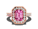 Rose gold Emerald Cut Halo Diamond Engagement Ring with Milgrain Pave Band and Four-Prong Setting