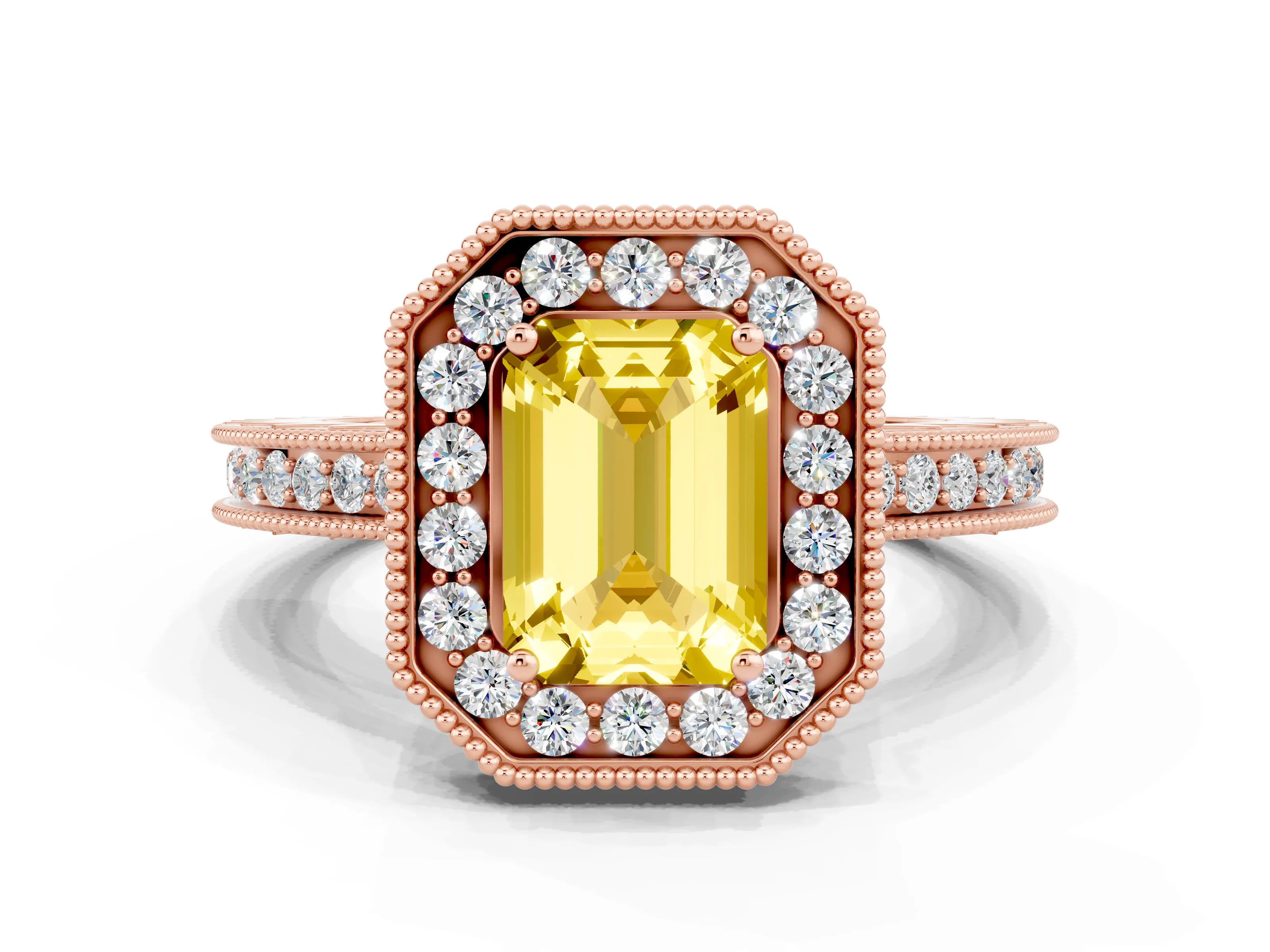 Rose gold Emerald Cut Halo Diamond Engagement Ring with Milgrain Pave Band and Four-Prong Setting