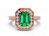 Rose gold Emerald Cut Halo Diamond Engagement Ring with Milgrain Pave Band and Four-Prong Setting