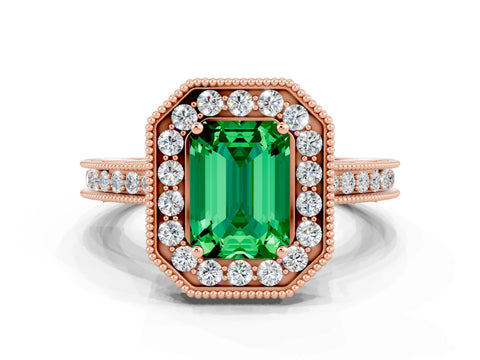 Rose gold Emerald Cut Halo Diamond Engagement Ring with Milgrain Pave Band and Four-Prong Setting