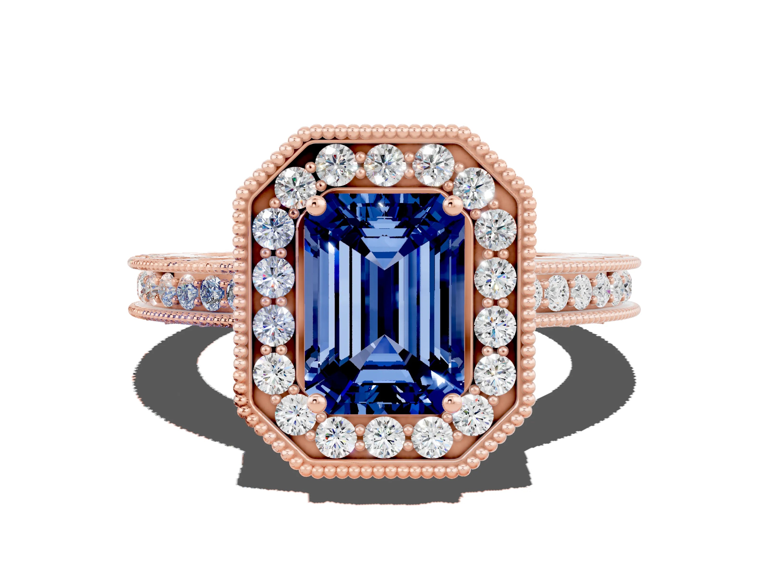 Rose gold Emerald Cut Halo Diamond Engagement Ring with Milgrain Pave Band and Four-Prong Setting