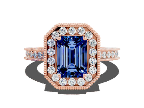 Rose gold Emerald Cut Halo Diamond Engagement Ring with Milgrain Pave Band and Four-Prong Setting