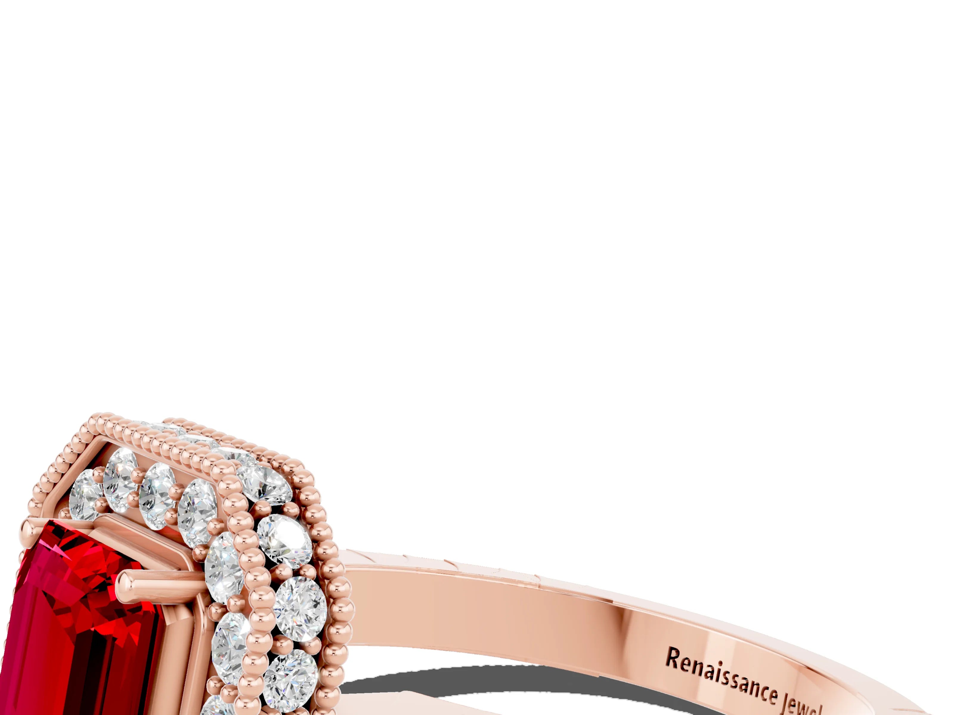 Rose gold Emerald Cut Halo Diamond Engagement Ring with Milgrain Pave Band and Four-Prong Setting