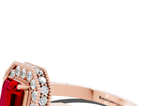 Rose gold Emerald Cut Halo Diamond Engagement Ring with Milgrain Pave Band and Four-Prong Setting
