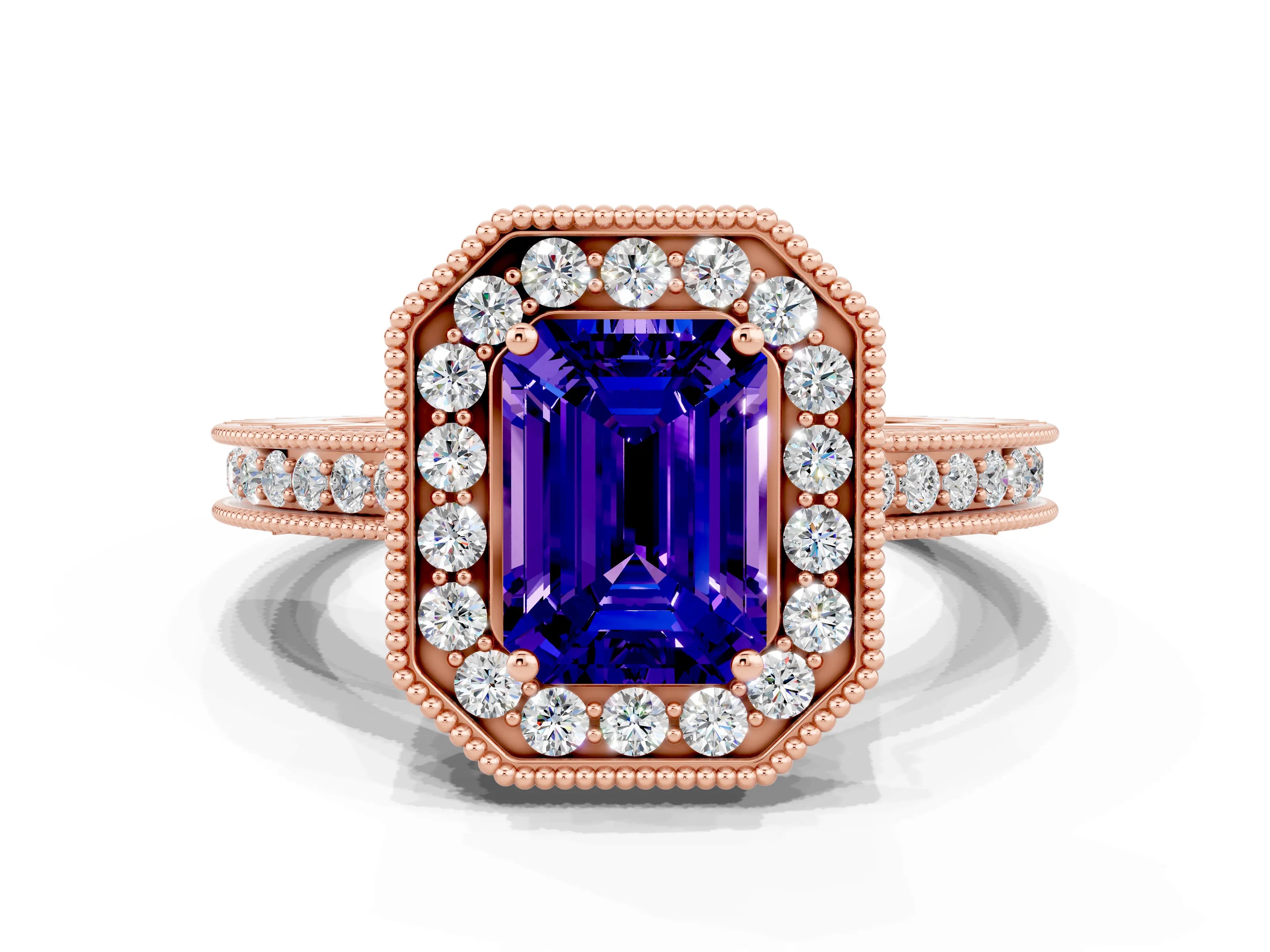 Rose gold Emerald Cut Halo Diamond Engagement Ring with Milgrain Pave Band and Four-Prong Setting