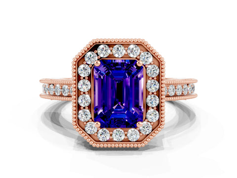 Rose gold Emerald Cut Halo Diamond Engagement Ring with Milgrain Pave Band and Four-Prong Setting