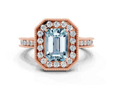 Rose gold Emerald Cut Halo Diamond Engagement Ring with Milgrain Pave Band and Four-Prong Setting