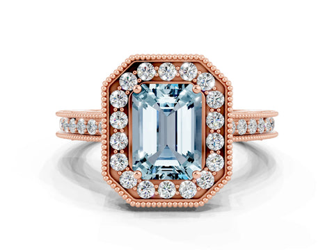 Rose gold Emerald Cut Halo Diamond Engagement Ring with Milgrain Pave Band and Four-Prong Setting