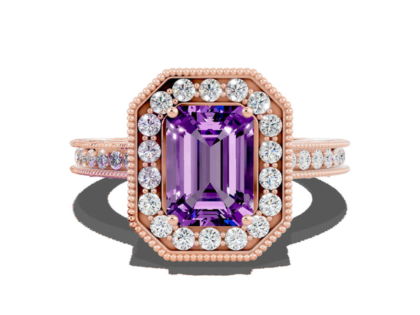 Rose gold Emerald Cut Amethyst Milgrain Halo Engagement Ring with Round Pavé Band and Prong Setting