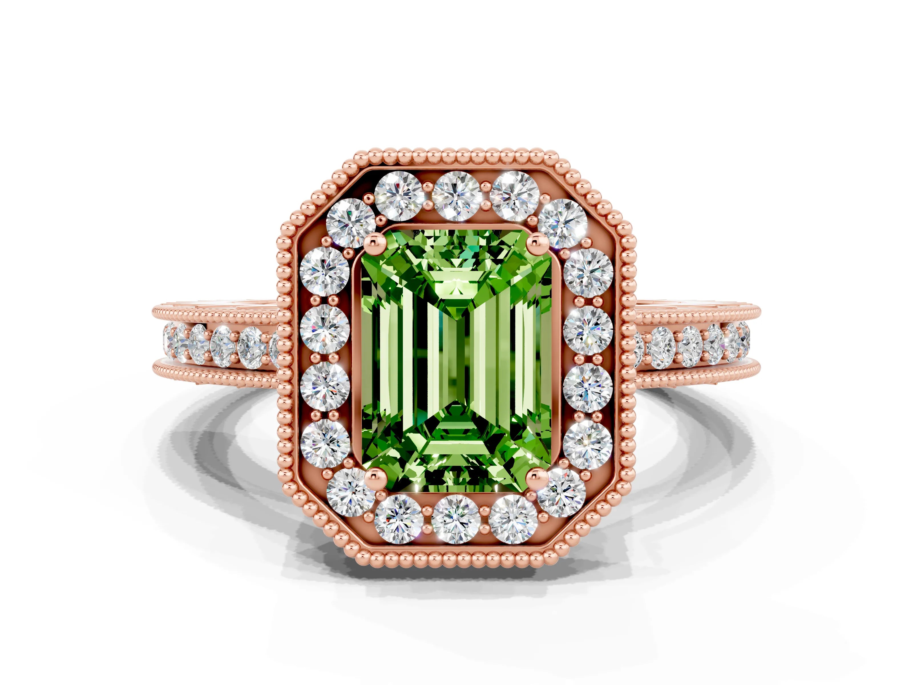 Rose gold Emerald Cut Halo Diamond Engagement Ring with Milgrain Pave Band and Four-Prong Setting