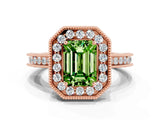 Rose gold Emerald Cut Halo Diamond Engagement Ring with Milgrain Pave Band and Four-Prong Setting