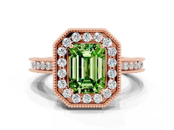 Rose gold Emerald Cut Halo Diamond Engagement Ring with Milgrain Pave Band and Four-Prong Setting