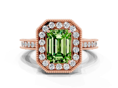 Rose gold Emerald Cut Halo Diamond Engagement Ring with Milgrain Pave Band and Four-Prong Setting