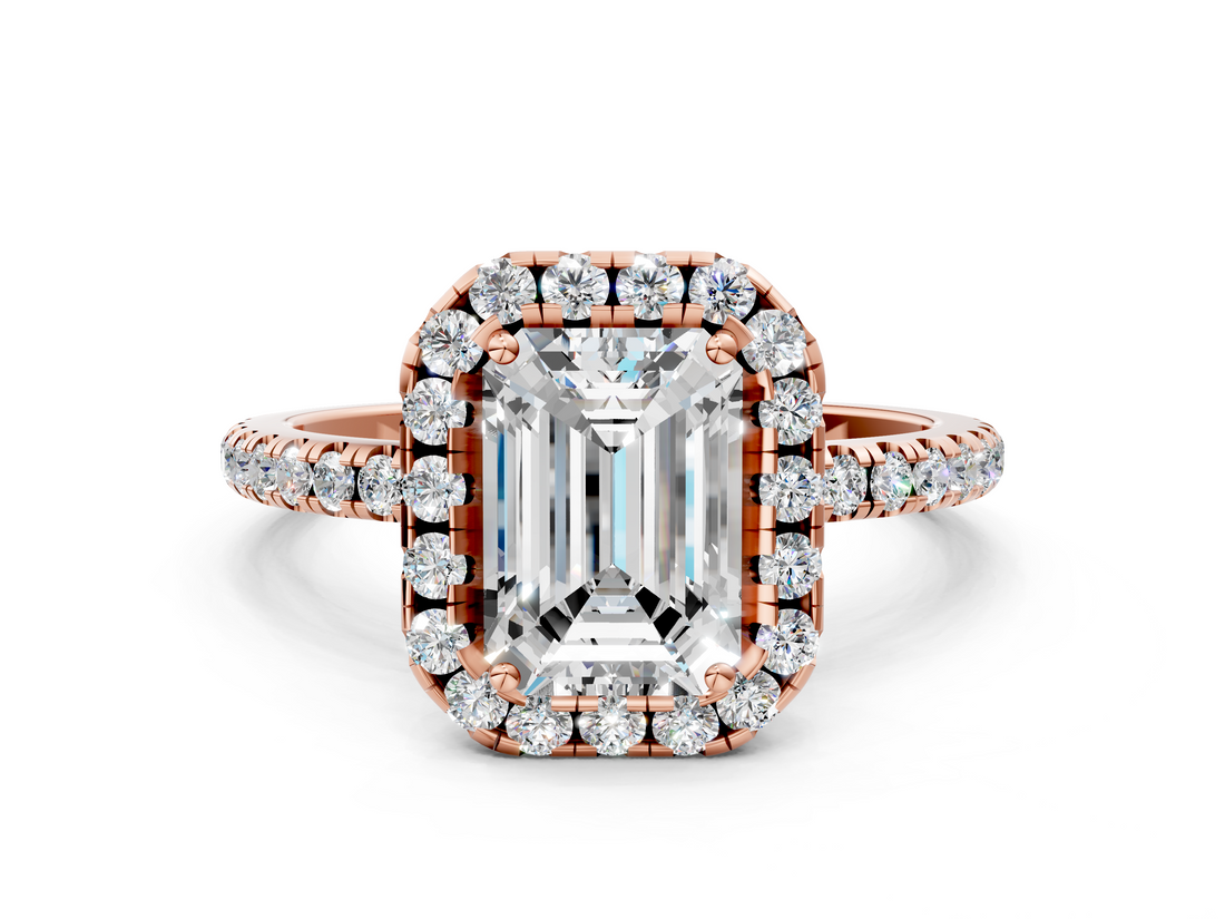 Rose gold Emerald Cut Halo Diamond Engagement Ring with Pave Band and Four-Prong Setting_20
