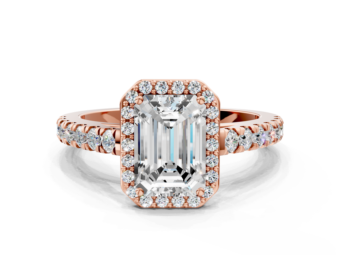Rose gold Emerald Cut Halo Diamond Engagement Ring with Pave Band and Four-Prong Setting_41