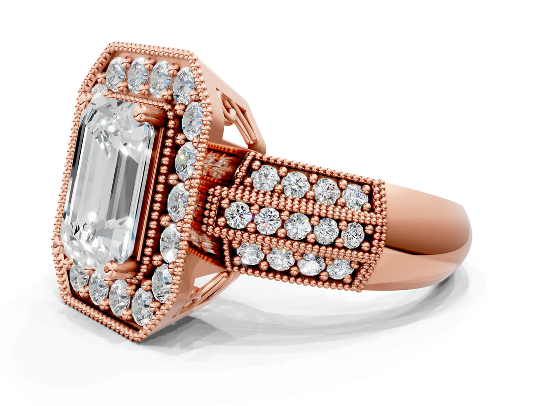 Rose gold Emerald Cut Halo Diamond Engagement Ring with Pave Split Shank and Four-Prong Setting_3