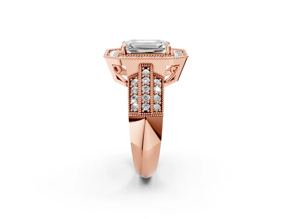 Rose gold Emerald Cut Halo Diamond Engagement Ring with Pave Split Shank and Four-Prong Setting