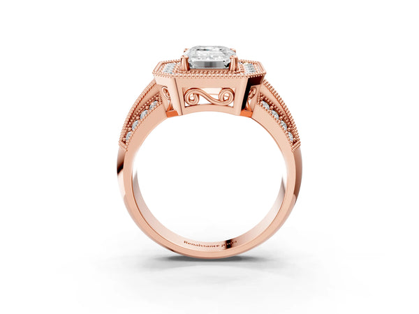 Rose gold Emerald Cut Halo Diamond Engagement Ring with Pave Split Shank and Four-Prong Setting