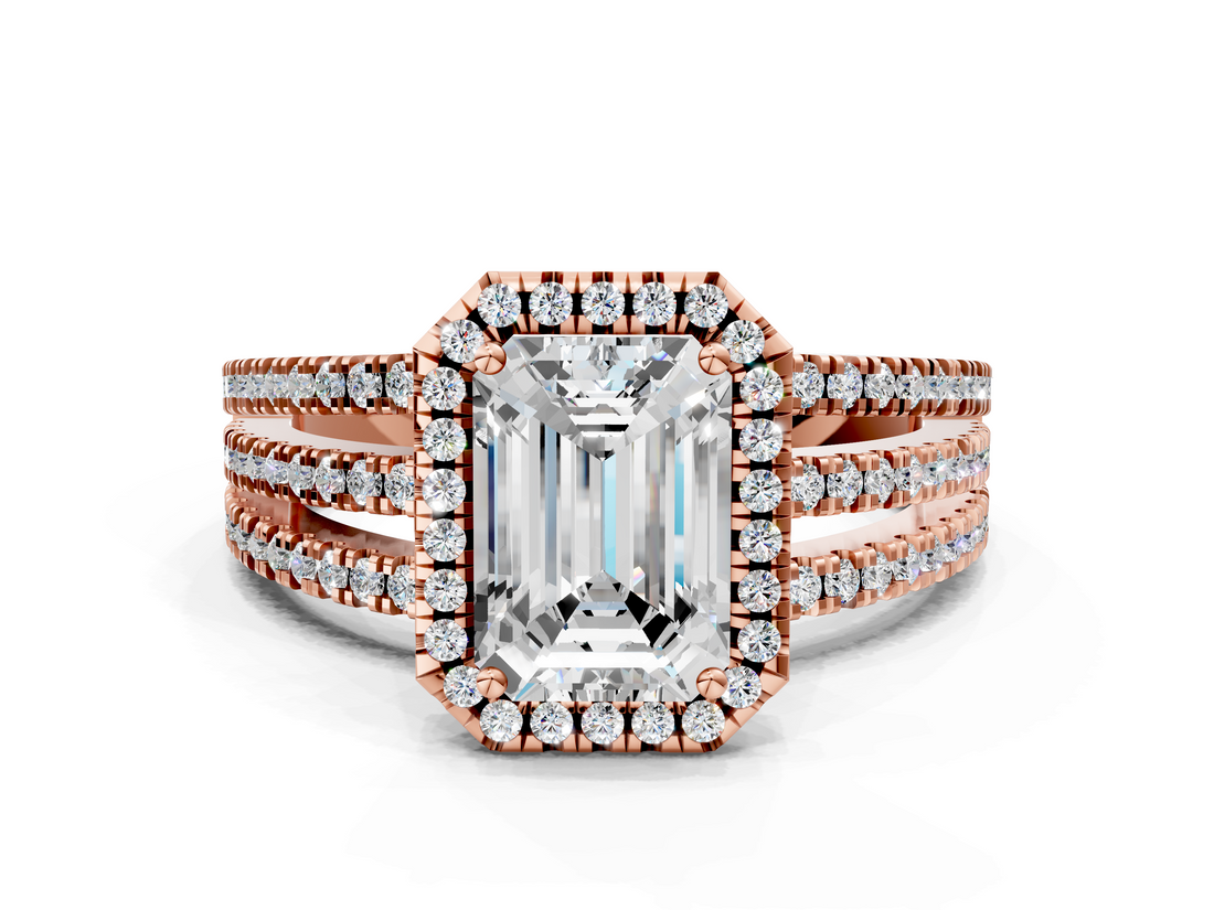 Rose gold Emerald Cut Halo Diamond Engagement Ring with Split Shank and Four-Prong Setting_19