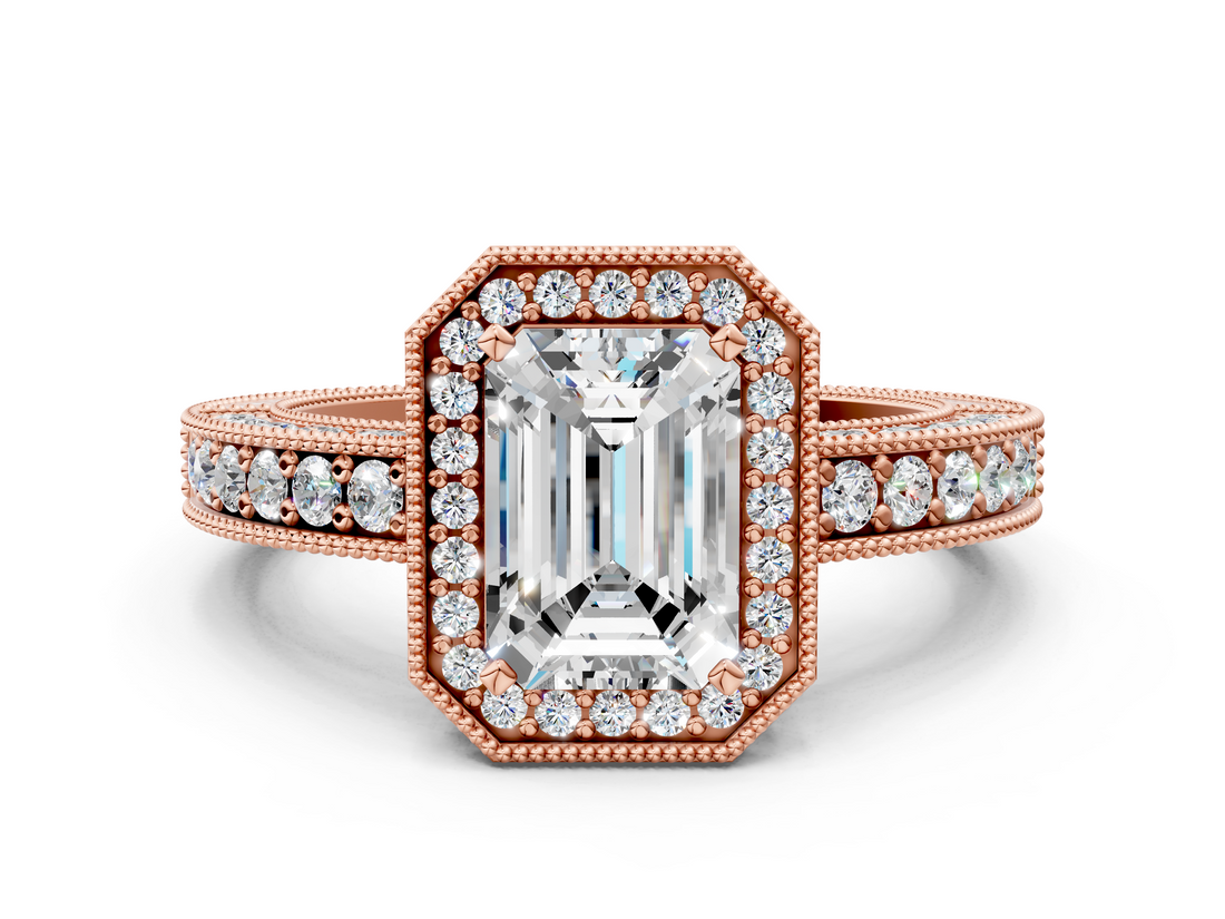 Rose gold Emerald Cut Halo Diamond Pave Band Ring with Four-Prong Setting_61