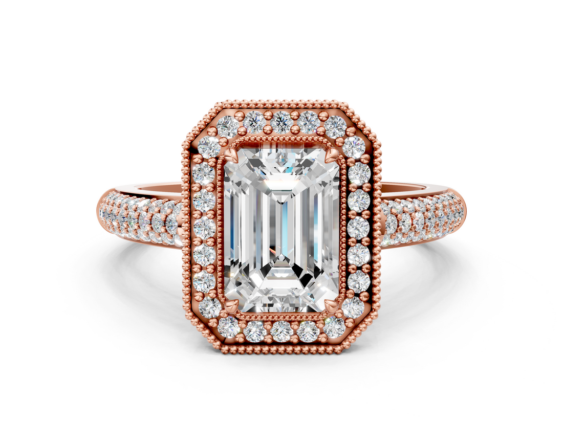 Rose gold Emerald Cut Halo Diamond Pave Band with Four-Prong Setting_53