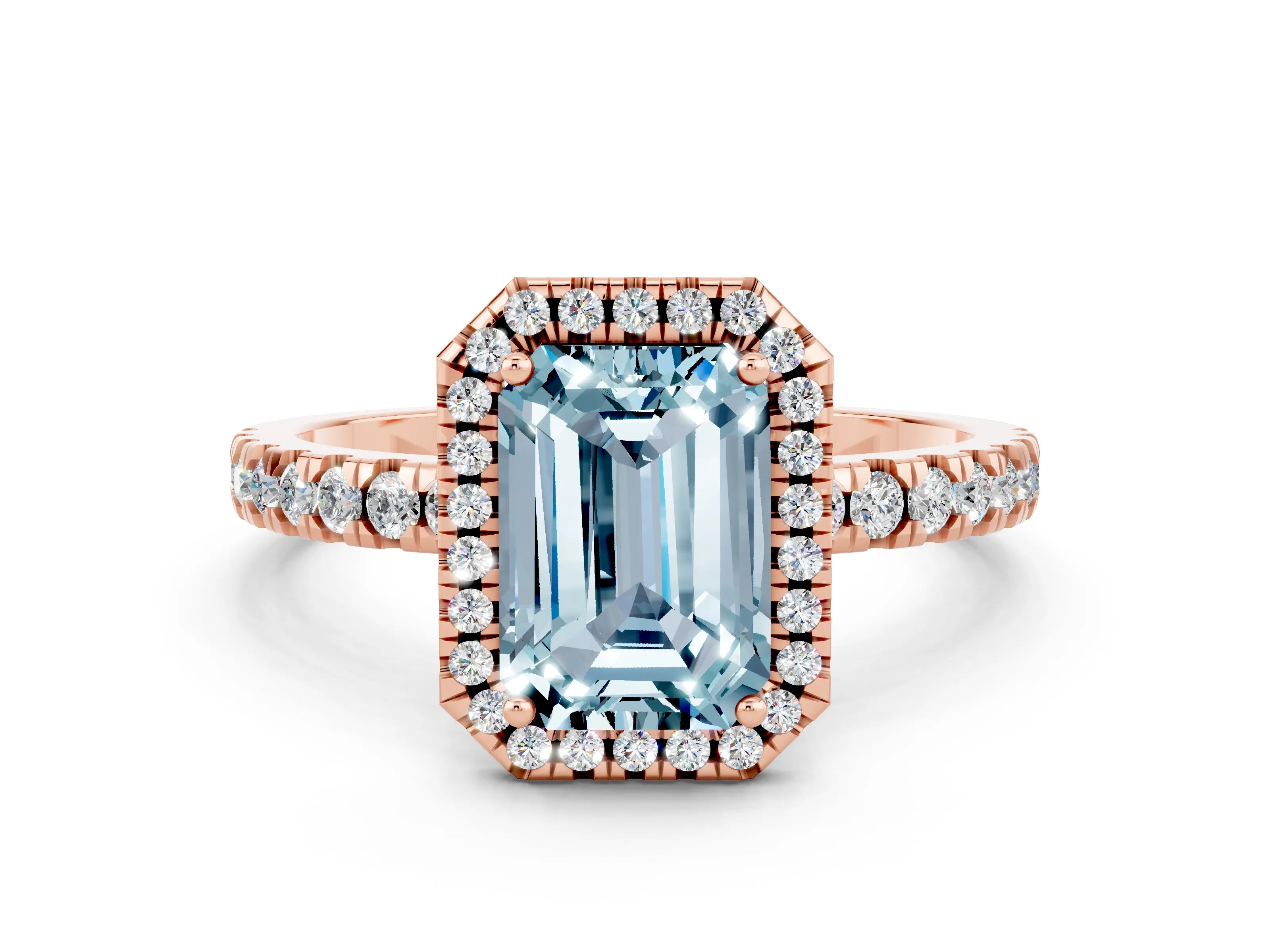Rose gold Emerald Cut Halo Diamond Pave Band with Prong Setting