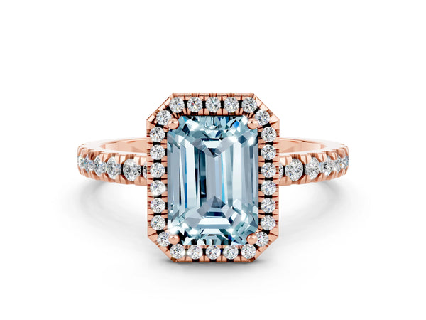 Rose gold Emerald Cut Aquamarine Classic Halo Engagement Ring with Round Pavé Band and Prong Setting