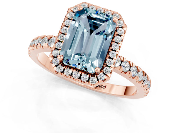 Rose gold Emerald Cut Aquamarine Classic Halo Engagement Ring with Round Pavé Band and Prong Setting