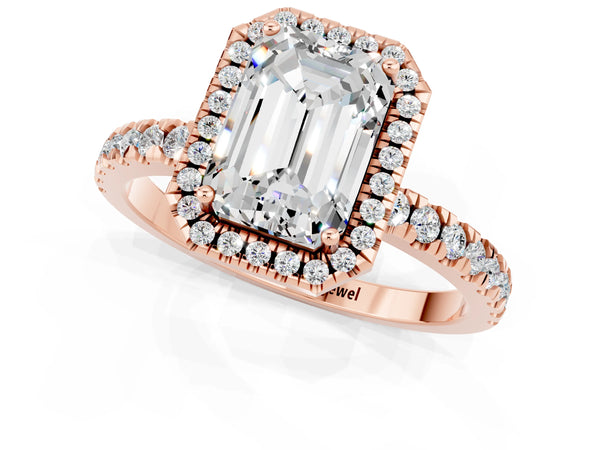 Rose gold Emerald Cut Moissanite Classic Halo Engagement Ring with Round Pavé Band and Prong Setting