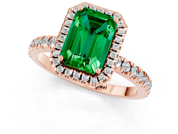 Rose gold Emerald Cut Emerald Classic Halo Engagement Ring with Round Pavé Band and Prong Setting