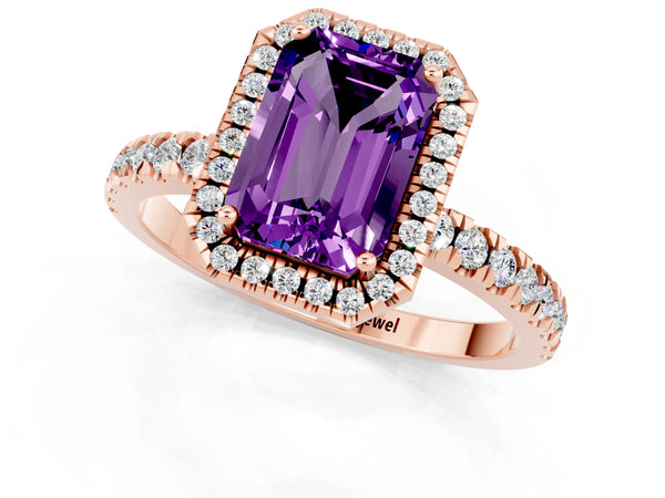 Rose gold Emerald Cut Amethyst Classic Halo Engagement Ring with Round Pavé Band and Prong Setting