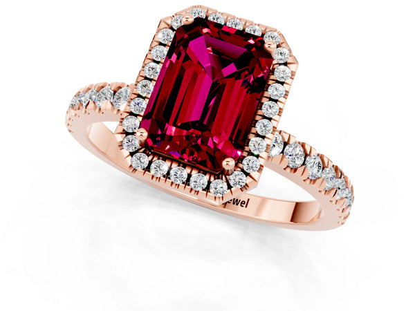 Rose gold Emerald Cut Garnet Classic Halo Engagement Ring with Round Pavé Band and Prong Setting