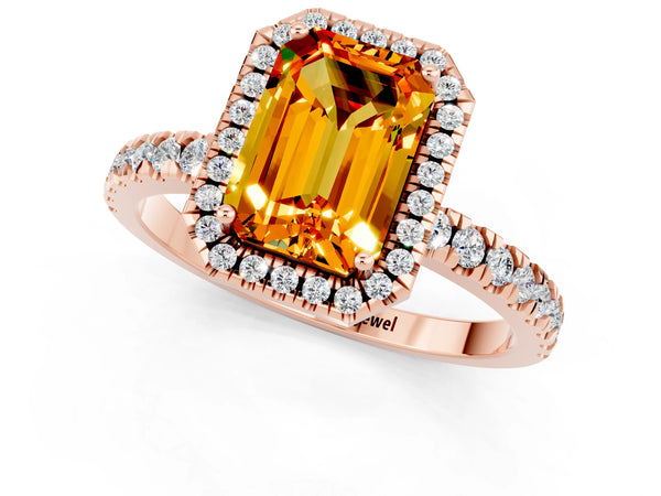 Rose gold Emerald Cut Citrine Classic Halo Engagement Ring with Round Pavé Band and Prong Setting