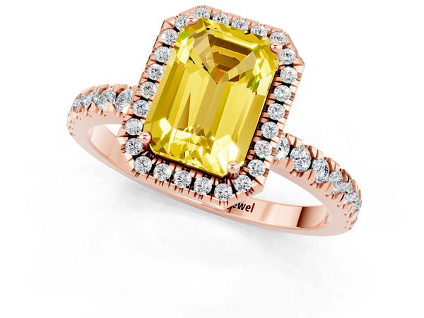 Rose gold Emerald Cut Yellow Sapphire Classic Halo Engagement Ring with Round Pavé Band and Prong Setting