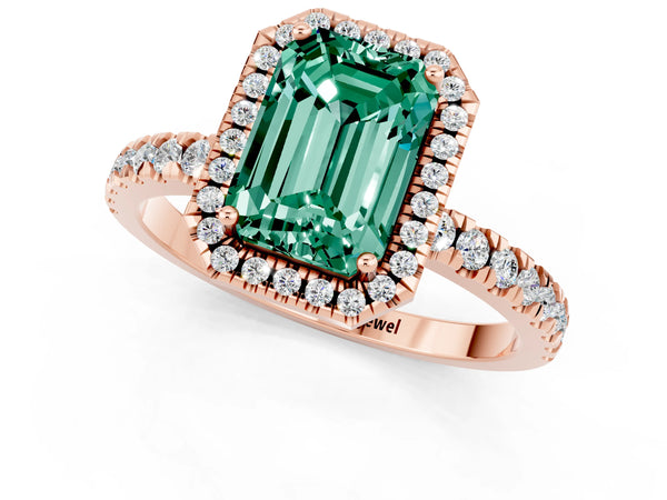 Rose gold Emerald Cut Green Sapphire Classic Halo Engagement Ring with Round Pavé Band and Prong Setting