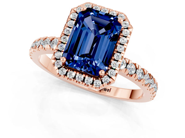 Rose gold Emerald Cut Blue Sapphire Classic Halo Engagement Ring with Round Pavé Band and Prong Setting
